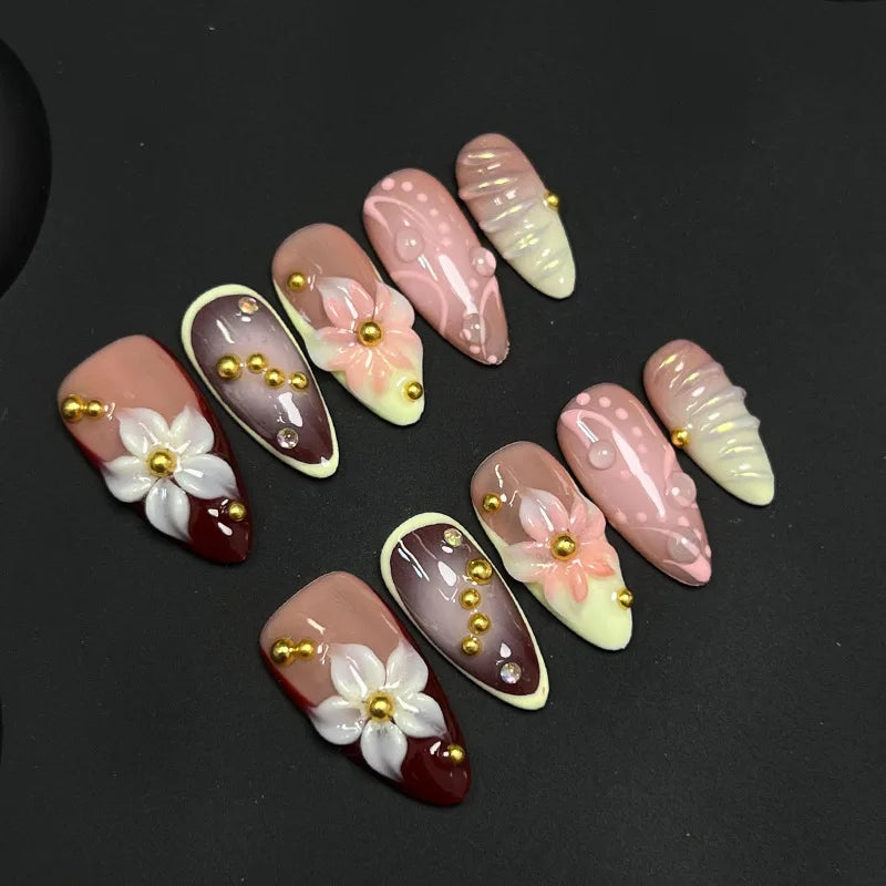 Handmade Press on Nails 3D Hand-carved Petals Decor False Nail Tips Reusable Wearable Retro European French Almond  Fake Nails