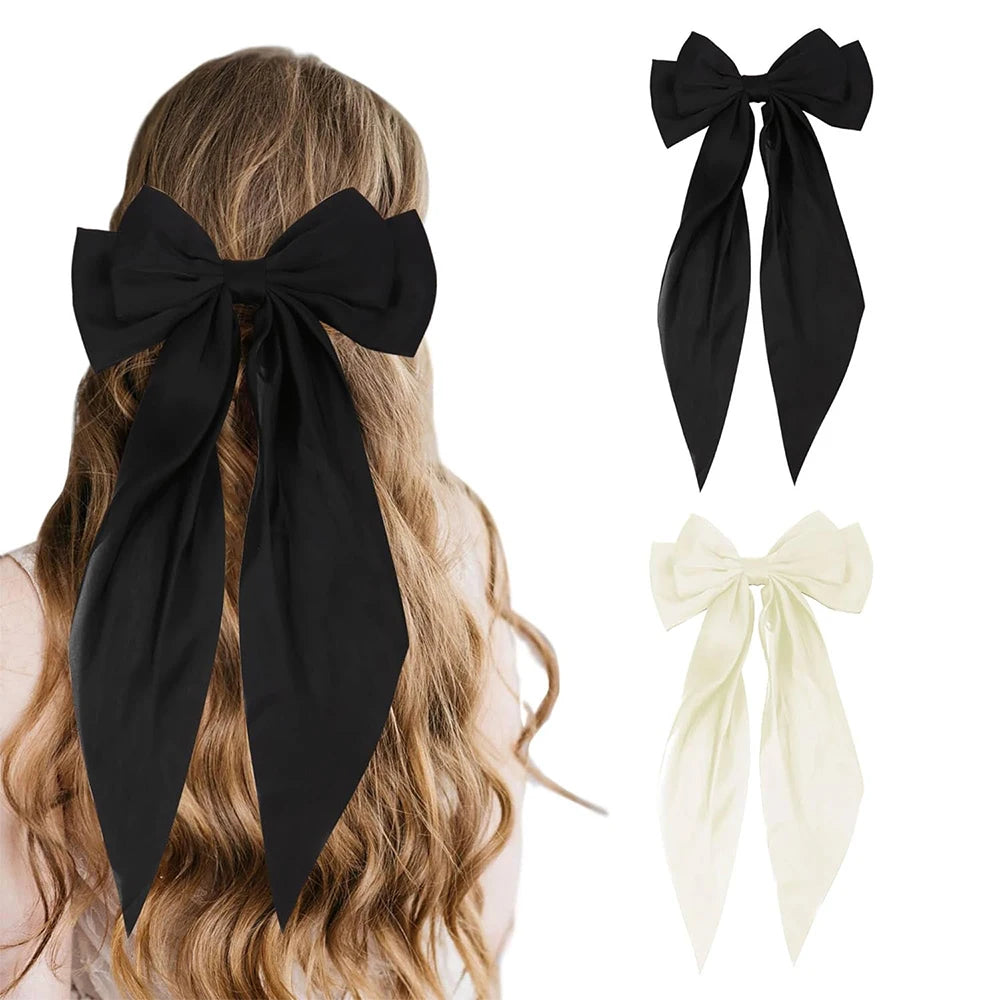 Hair Bows for Girls Ribbons Pink/Black/White Bow Girls Ribbon Hair Accessories Simple Solid Satin Spring Clip Hair Pin for Woman