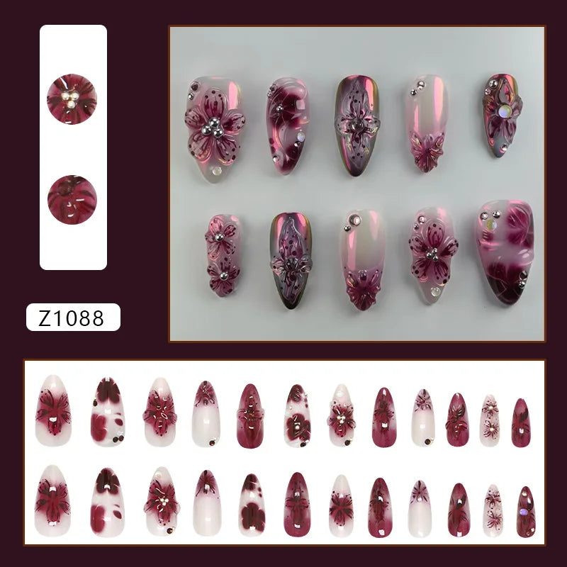 24 uñas postizas con estampado de flores, color vino tinto, rubor, almendra, reutilizables, para verano.