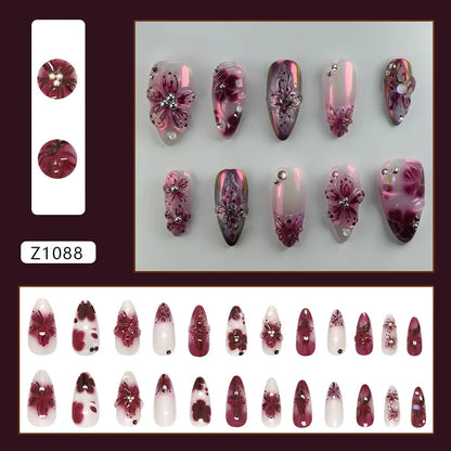 24 uñas postizas con estampado de flores, color vino tinto, rubor, almendra, reutilizables, para verano.