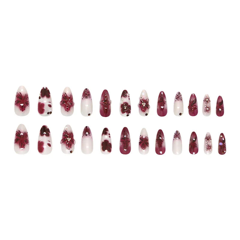 24 uñas postizas con estampado de flores, color vino tinto, rubor, almendra, reutilizables, para verano.