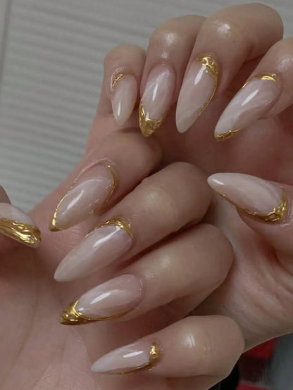 10 pieces of pure handmade almond-shaped nails, nude white marble texture, suitable for commuting, delicate, simple and fashiona