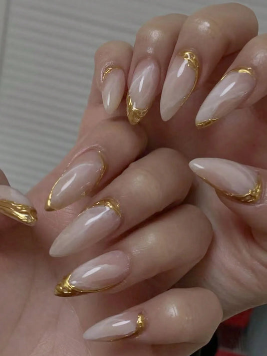 10 piezas de uñas en forma de almendra hechas a mano puras, textura de mármol blanco nude, adecuadas para desplazamientos, delicadas, simples y de moda.