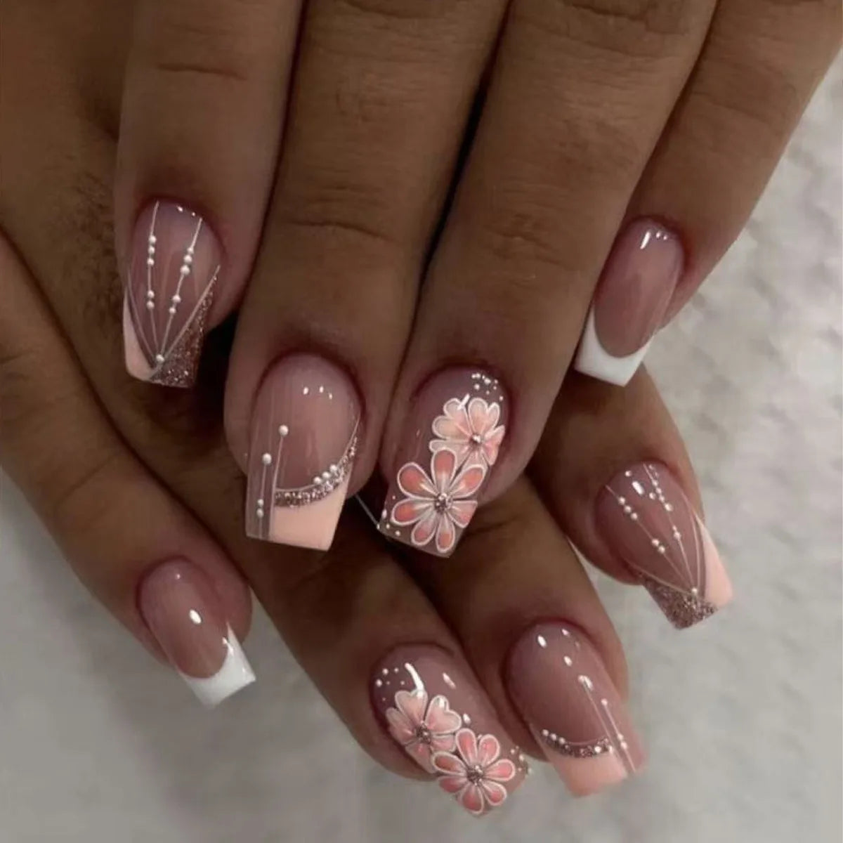 Mid-length Coffin Fake Nails 24Pcs White French Tip Ballerina Press On Nail Pink/White Flower Printed Spring/Summer DIY Manicure