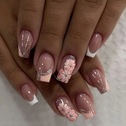 Mid-length Coffin Fake Nails 24Pcs White French Tip Ballerina Press On Nail Pink/White Flower Printed Spring/Summer DIY Manicure