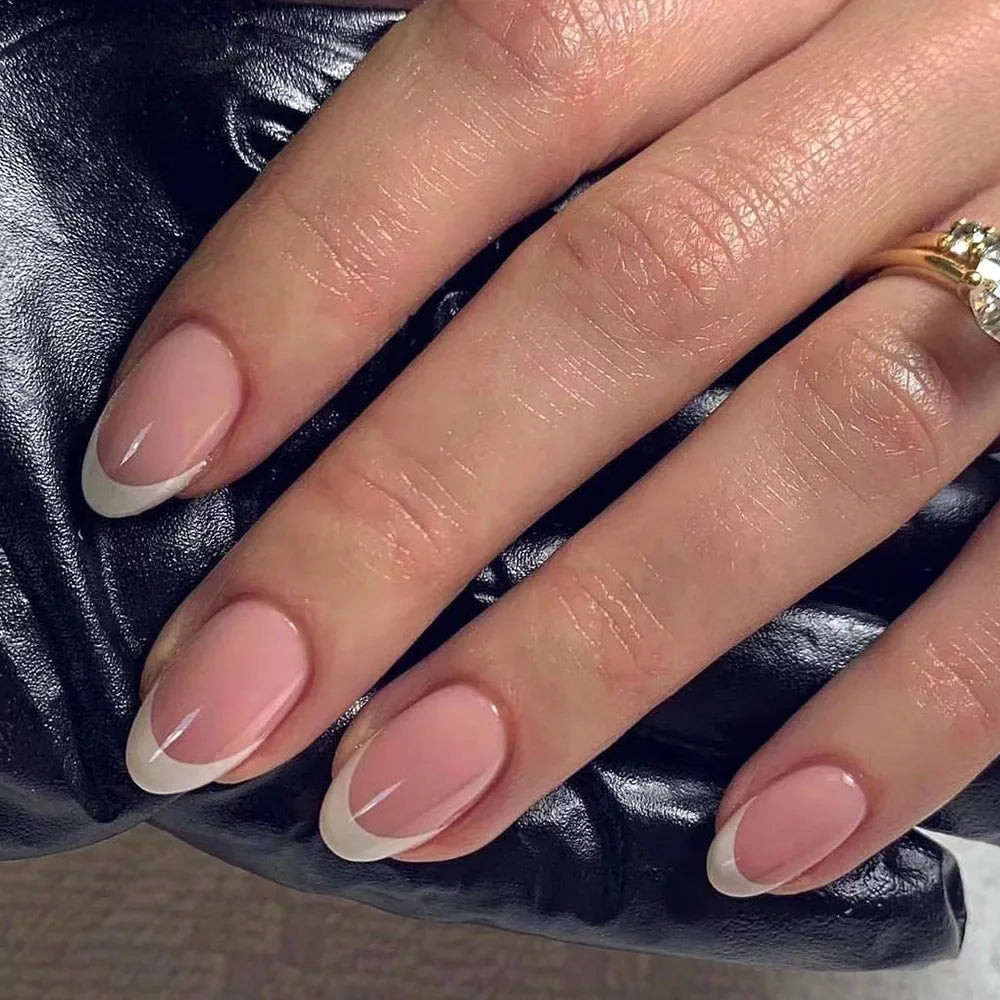 Elegant French Noble Gold Glitter Powder White Simple Almond Fake Nails Art False Nails Charm Tips Press on Nails Manicure Tools