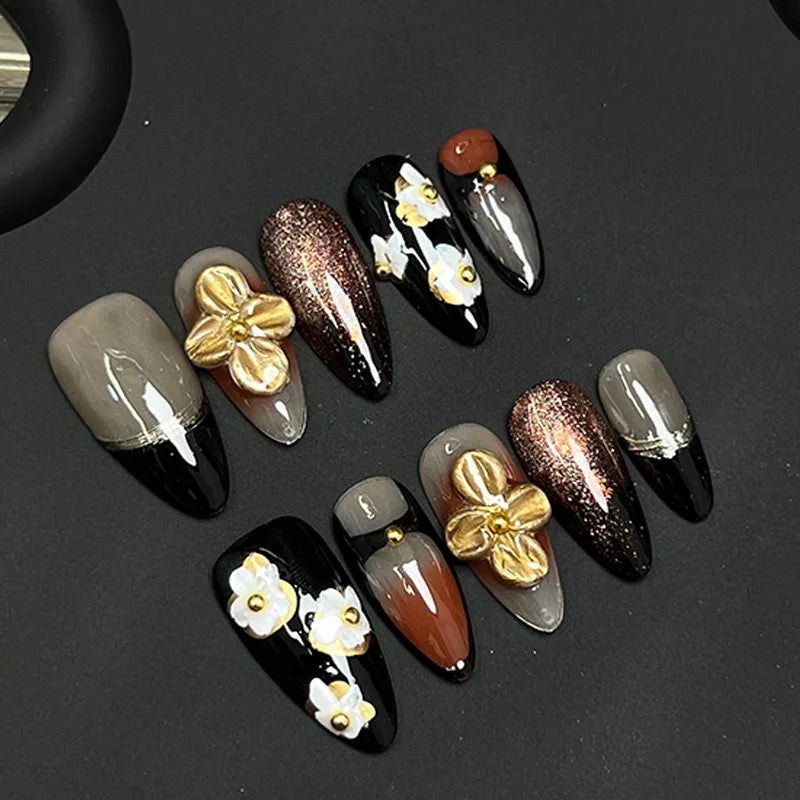 Handmade Press on Nails 3D Hand-carved Petals Decor False Nail Tips Reusable Wearable Retro European French Almond  Fake Nails