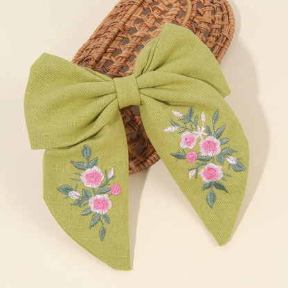 Sweet Embroidered Flower Hair Bows Clips Handmade Ribbon Solid Hairpins Cute Bowknot Barrettes Headwear Kids Hair Accessories