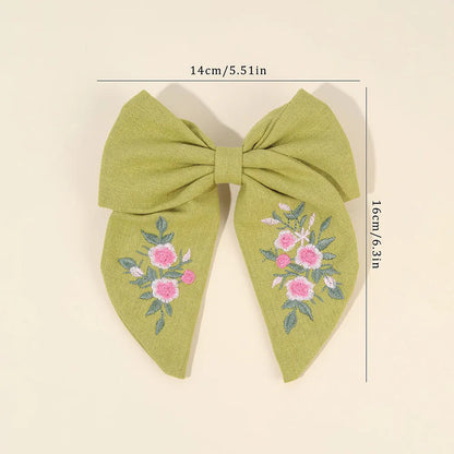 Sweet Embroidered Flower Hair Bows Clips Handmade Ribbon Solid Hairpins Cute Bowknot Barrettes Headwear Kids Hair Accessories