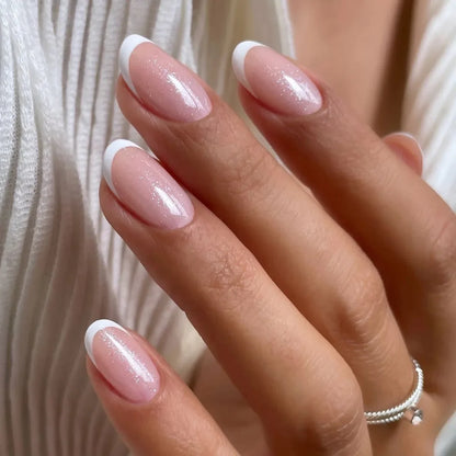 Elegant French Noble Gold Glitter Powder White Simple Almond Fake Nails Art False Nails Charm Tips Press on Nails Manicure Tools