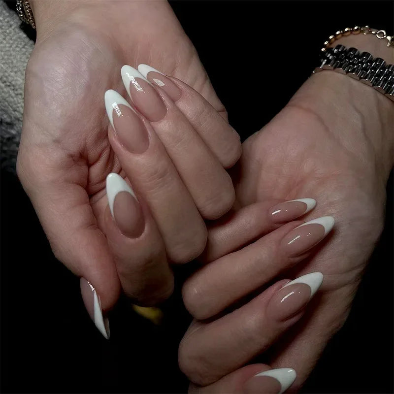 Elegant French Noble Gold Glitter Powder White Simple Almond Fake Nails Art False Nails Charm Tips Press on Nails Manicure Tools