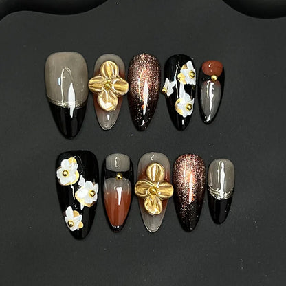 Handmade Press on Nails 3D Hand-carved Petals Decor False Nail Tips Reusable Wearable Retro European French Almond  Fake Nails