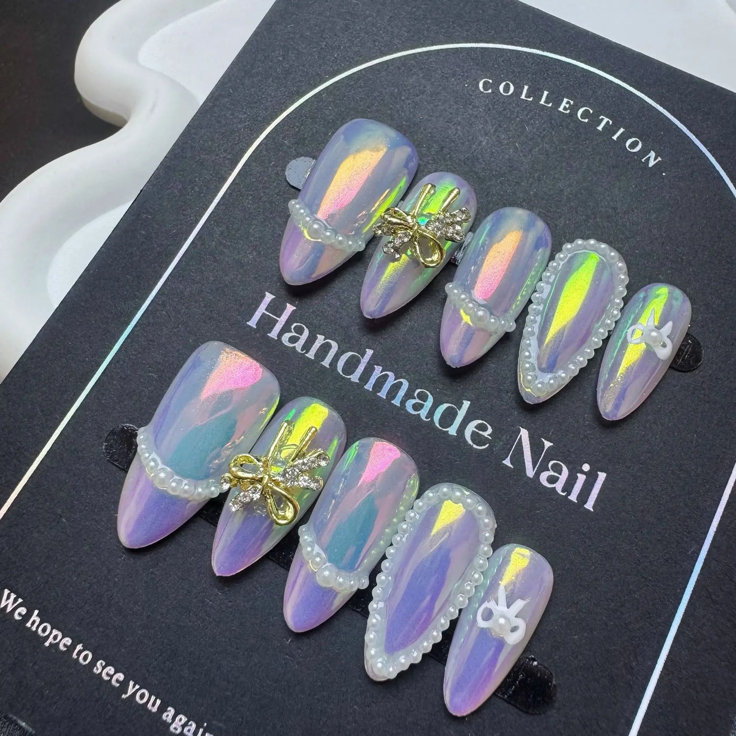 10pcs Handmade French Press on Nails White Edge Design Almond Fake Nails Reusable Wearable 3D Ice Clear Flower False Nails