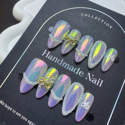 10pcs Handmade French Press on Nails White Edge Design Almond Fake Nails Reusable Wearable 3D Ice Clear Flower False Nails