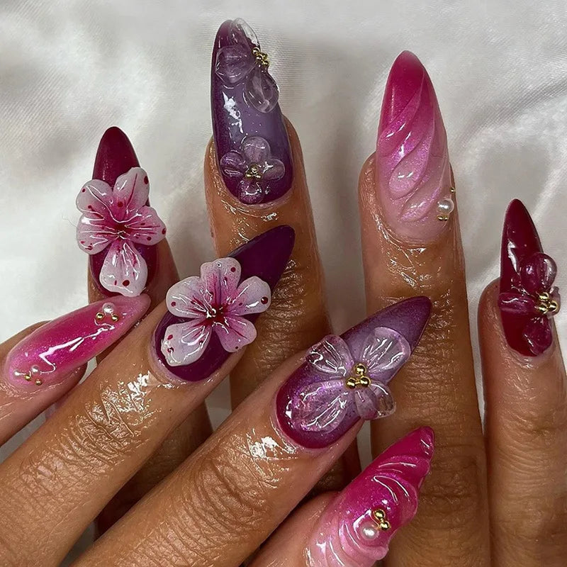 24pcs Blue Ocean Series False Nails Aurora Mermaid Shell Pearl Design Fake Nails Fairy Sweet Style French Almond Press on Nails