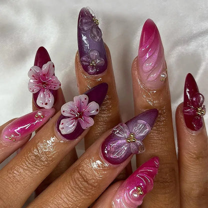 24pcs Blue Ocean Series False Nails Aurora Mermaid Shell Pearl Design Fake Nails Fairy Sweet Style French Almond Press on Nails