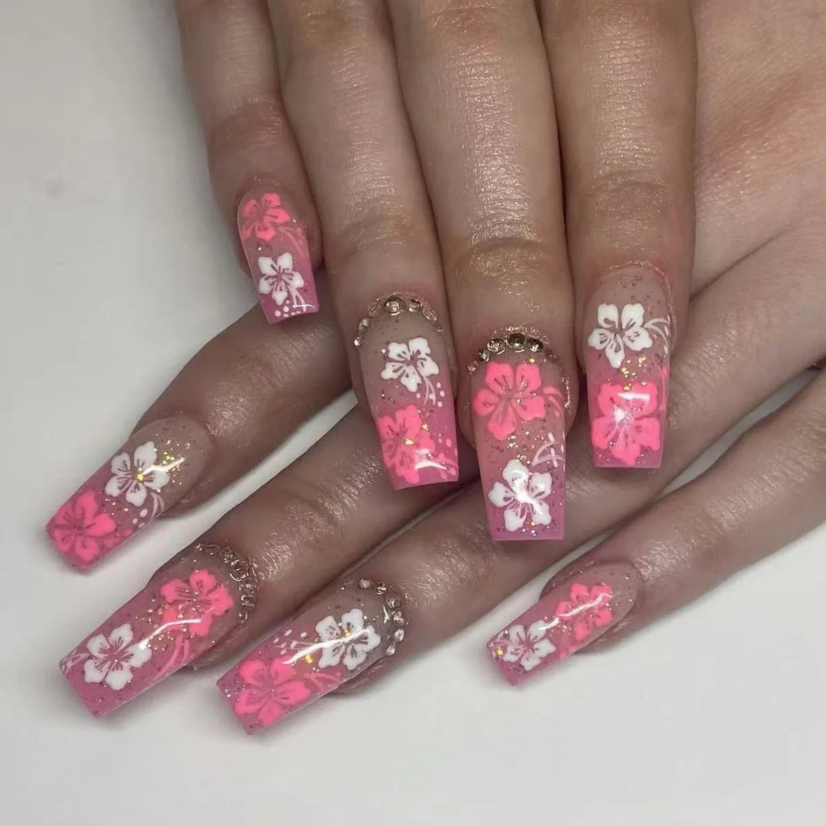 Mid-length Coffin Fake Nails 24Pcs White French Tip Ballerina Press On Nail Pink/White Flower Printed Spring/Summer DIY Manicure