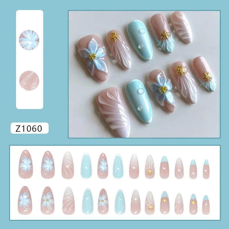 24pcs Blue Ocean Series False Nails Aurora Mermaid Shell Pearl Design Fake Nails Fairy Sweet Style French Almond Press on Nails