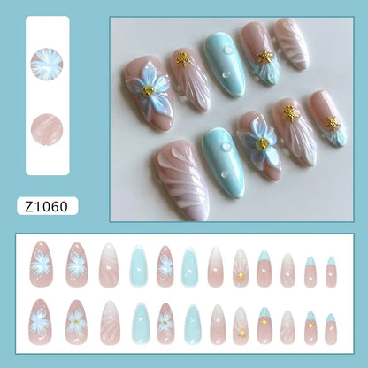 24pcs Blue Ocean Series False Nails Aurora Mermaid Shell Pearl Design Fake Nails Fairy Sweet Style French Almond Press on Nails
