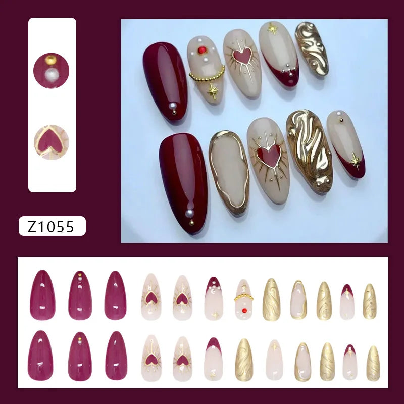 24pcs Blue Ocean Series False Nails Aurora Mermaid Shell Pearl Design Fake Nails Fairy Sweet Style French Almond Press on Nails
