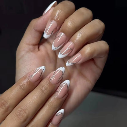 Elegant French Noble Gold Glitter Powder White Simple Almond Fake Nails Art False Nails Charm Tips Press on Nails Manicure Tools