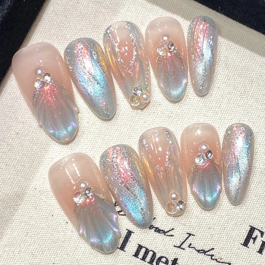 Uñas postizas hechas a mano con diseño de sirena Aurora azul, parches para uñas postizas, desmontables y usables, con diseño de perla francesa y almendra, 10 unidades