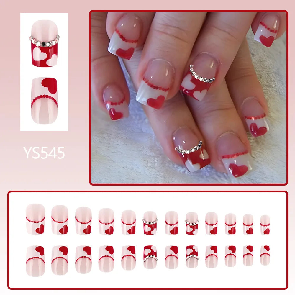 24pcs y2k Black French Press on Nails Short Square Pink Heart Fake Nails Full Cover Wearable Sweet Valentine's Day False Nails