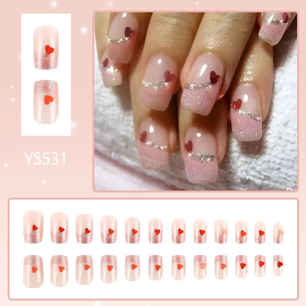 24pcs y2k Black French Press on Nails Short Square Pink Heart Fake Nails Full Cover Wearable Sweet Valentine's Day False Nails