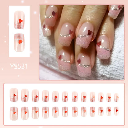 24pcs y2k Black French Press on Nails Short Square Pink Heart Fake Nails Full Cover Wearable Sweet Valentine's Day False Nails