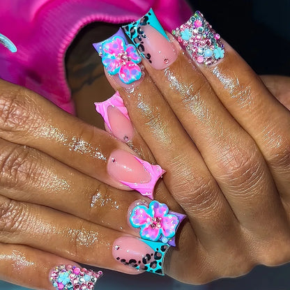 24pcs Blush Pink French Press On Nails Hand-painted White Flower Gold Ball Designs Fake Nail Short Square Korean False Nail Tips