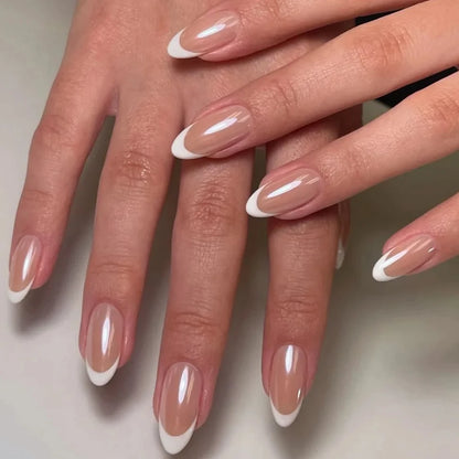 Elegant French Noble Gold Glitter Powder White Simple Almond Fake Nails Art False Nails Charm Tips Press on Nails Manicure Tools