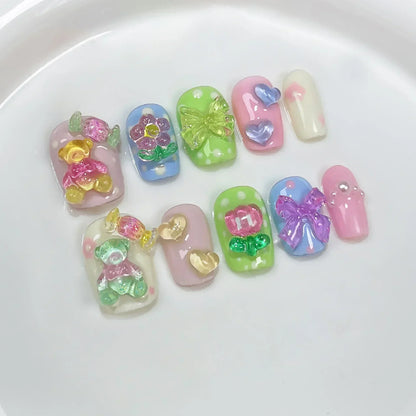 10Pcs Pink Handmade Press On Nails Full Cover Bear Heart Design Short Round Rhinestone False Nails Wearable Manicure Nail Tips