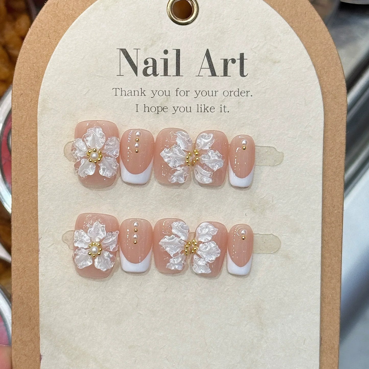 10Pcs Pink Handmade Press On Nails Full Cover Bear Heart Design Short Round Rhinestone False Nails Wearable Manicure Nail Tips