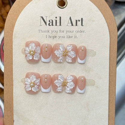 10Pcs Pink Handmade Press On Nails Full Cover Bear Heart Design Short Round Rhinestone False Nails Wearable Manicure Nail Tips