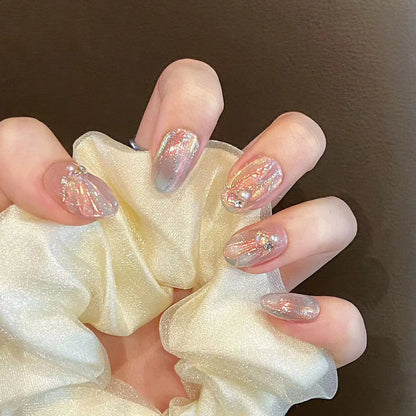 Handmade Press on Nails Blue Aurora Mermaid Fake Nail Patches Wearable Detachable French Pearl Almond False Nail Tips 10pcs