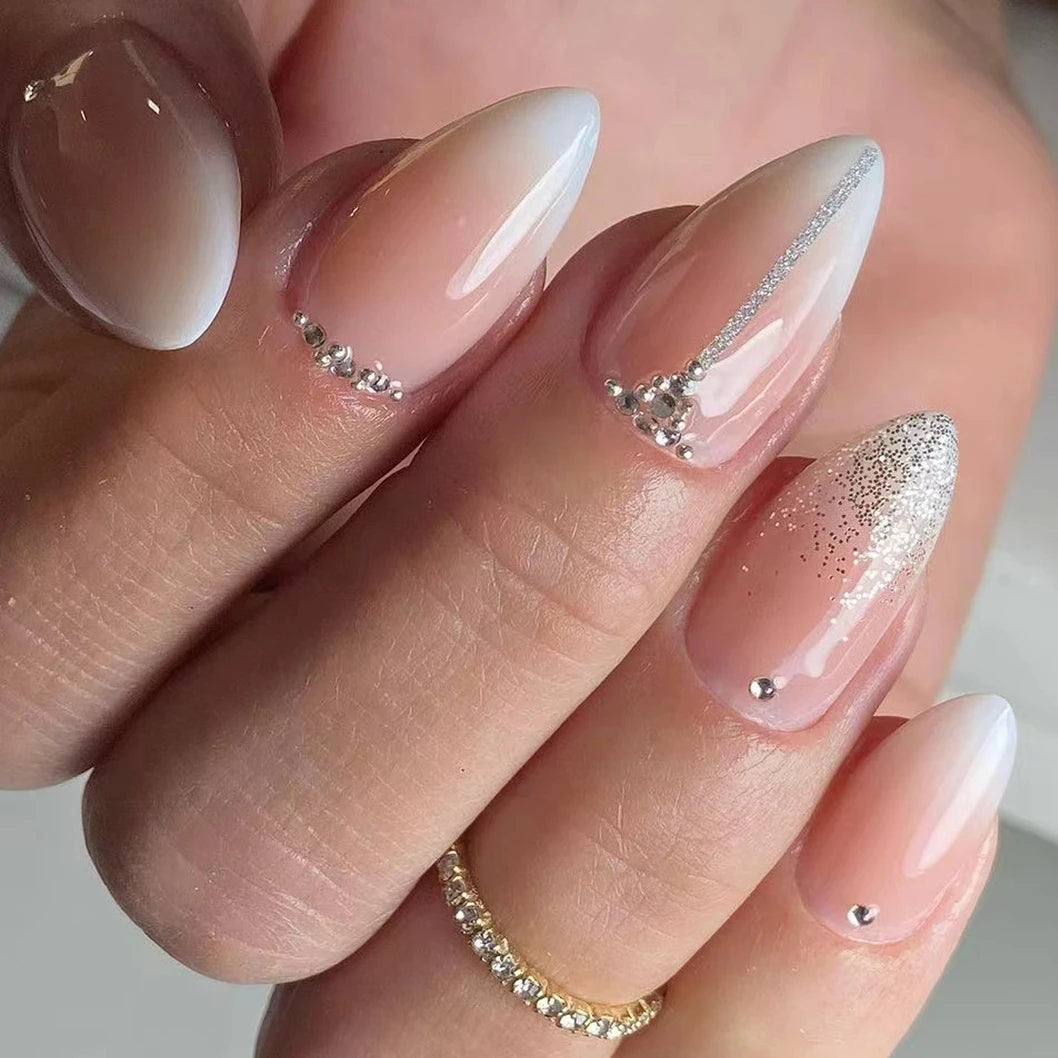 Elegant French Noble Gold Glitter Powder White Simple Almond Fake Nails Art False Nails Charm Tips Press on Nails Manicure Tools