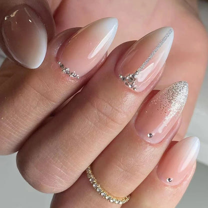 Elegant French Noble Gold Glitter Powder White Simple Almond Fake Nails Art False Nails Charm Tips Press on Nails Manicure Tools