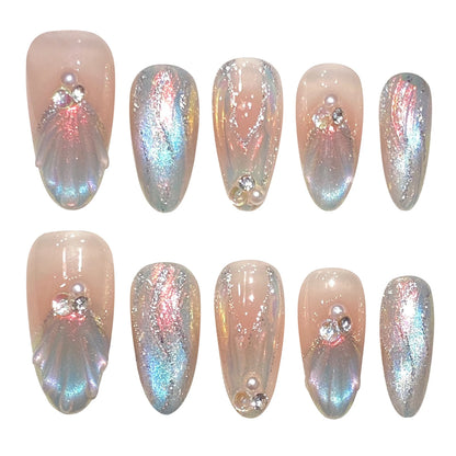 Handmade Press on Nails Blue Aurora Mermaid Fake Nail Patches Wearable Detachable French Pearl Almond False Nail Tips 10pcs