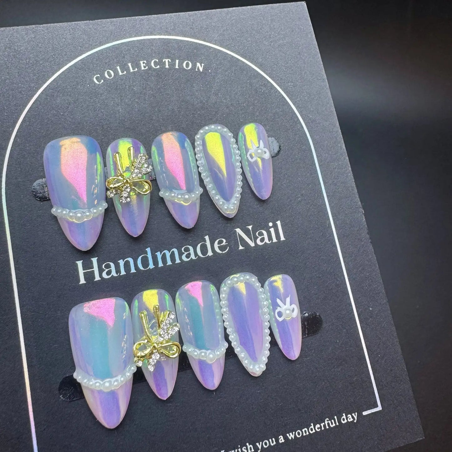10pcs Handmade French Press on Nails White Edge Design Almond Fake Nails Reusable Wearable 3D Ice Clear Flower False Nails