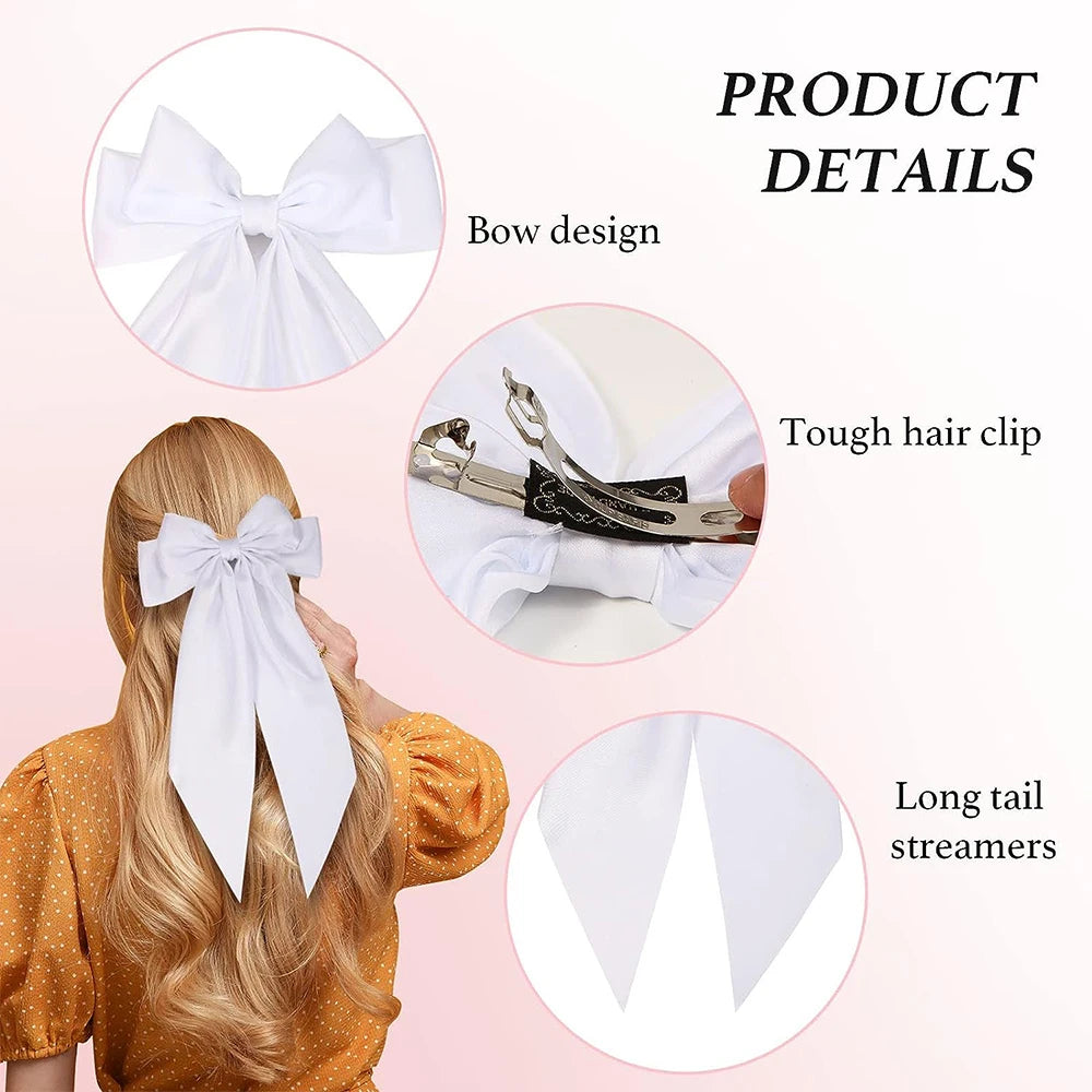 Hair Bows for Girls Ribbons Pink/Black/White Bow Girls Ribbon Hair Accessories Simple Solid Satin Spring Clip Hair Pin for Woman