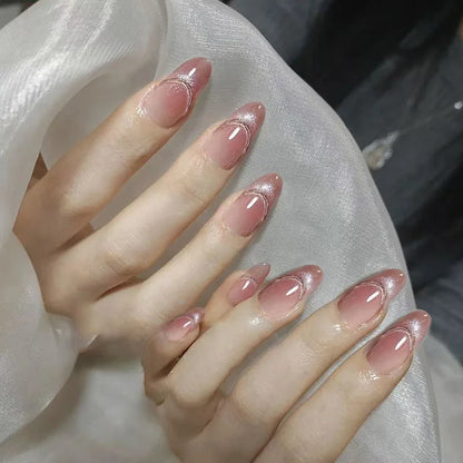 24Pcs Metallic Cat Eye French Sheer Manicure Tip Art Textured 3D Acrylic False Nails Nude Pink Almond Medium Press on Fake Nails