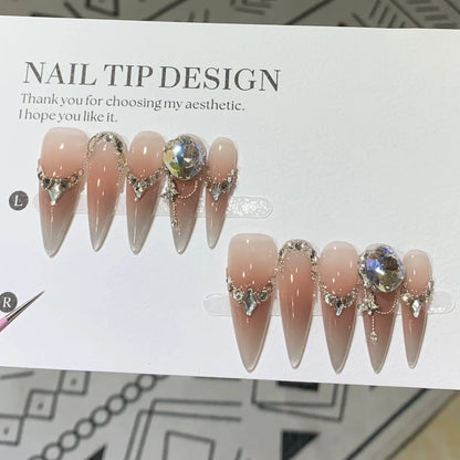10Pcs Cat Eye Almond Handmade Press on Nails Fake Nails with Rhinestone Design Wearable Stick-on Nails False Nail Uñas Postizas
