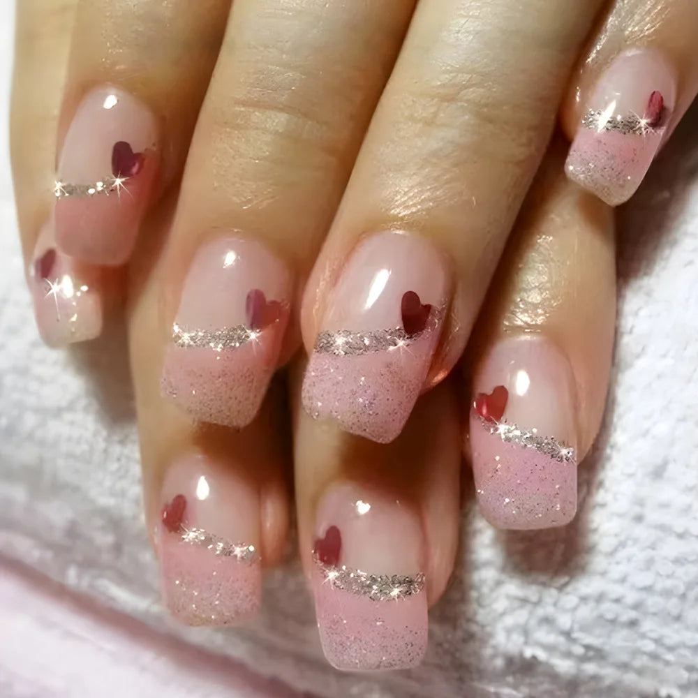 24pcs y2k Black French Press on Nails Short Square Pink Heart Fake Nails Full Cover Wearable Sweet Valentine's Day False Nails