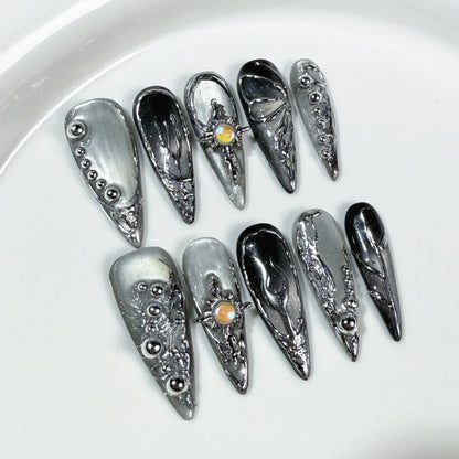 10Pcs Cat Eye Almond Handmade Press on Nails Fake Nails with Rhinestone Design Wearable Stick-on Nails False Nail Uñas Postizas