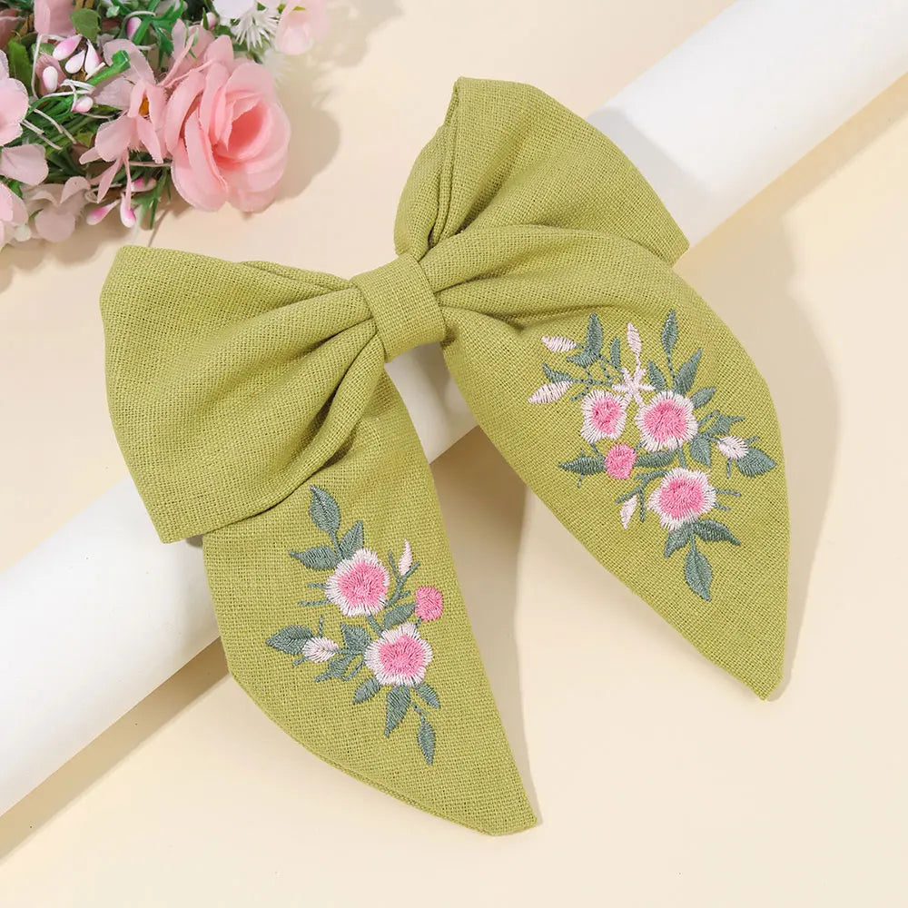 Sweet Embroidered Flower Hair Bows Clips Handmade Ribbon Solid Hairpins Cute Bowknot Barrettes Headwear Kids Hair Accessories