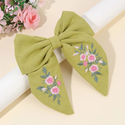 Sweet Embroidered Flower Hair Bows Clips Handmade Ribbon Solid Hairpins Cute Bowknot Barrettes Headwear Kids Hair Accessories