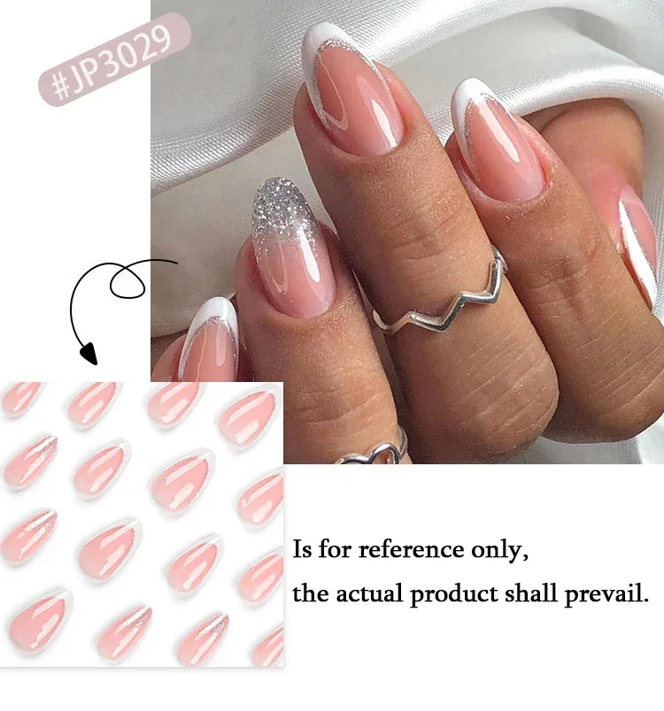 Elegant French Noble Gold Glitter Powder White Simple Almond Fake Nails Art False Nails Charm Tips Press on Nails Manicure Tools