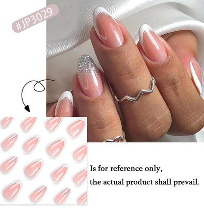 Elegant French Noble Gold Glitter Powder White Simple Almond Fake Nails Art False Nails Charm Tips Press on Nails Manicure Tools