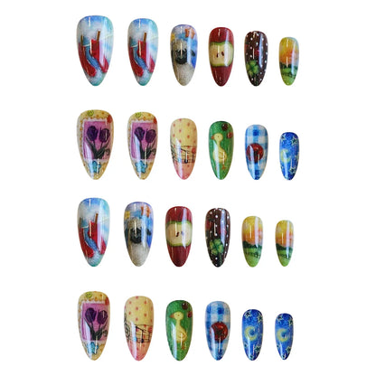 24pcs Cute Cartoon Fake Nail Tips Oil Painting Series Printed Almond Press On Nail Sweet Cool Charming False Nail For Spicy Girl