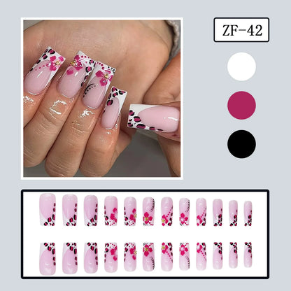 24pcs y2k Black French Press on Nails Short Square Pink Heart Fake Nails Full Cover Wearable Sweet Valentine's Day False Nails